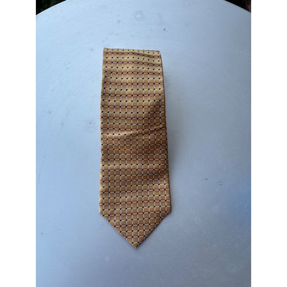 Van Heusen Mens Gold Tan Geometric Grid Silk Necktie Stain Resistant Classic Tie